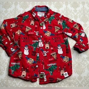Free Planet Boys Christmas Graphic Long Sleeve Button-Down Shirt Red 3T